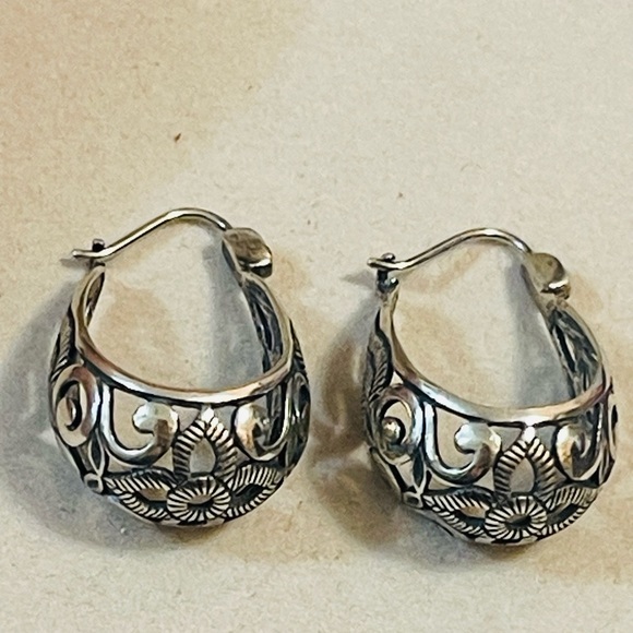 VTG Steering Silver 925 Open Scroll Filigree Basket Hoop Earring - Picture 4 of 7